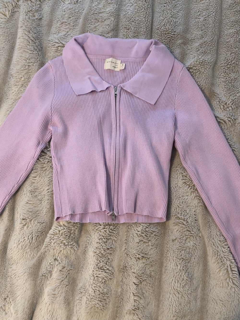Light Lavender Ribbed Zip-Up Collar Cardigan